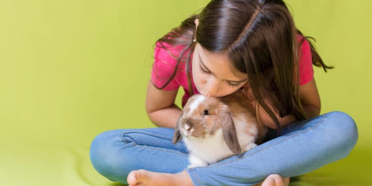 A girl kissing a rabbit.