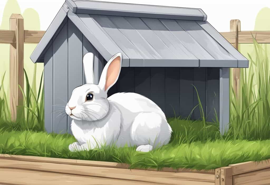A rabbit hutch with fresh hay, water bottle, and chew toys. Bunny exploring a fenced-in outdoor area with green grass and a small shelter