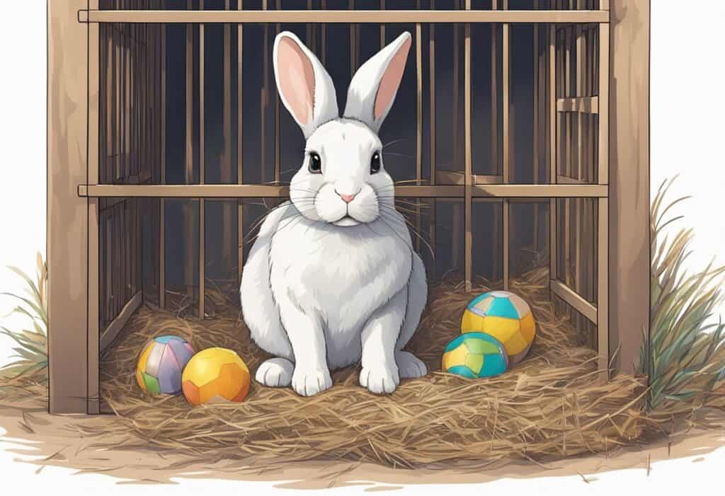 A bunny sits in a cage, surrounded by chewed-up toys and scattered hay. A questioning look in its eyes as it gazes out at the world beyond