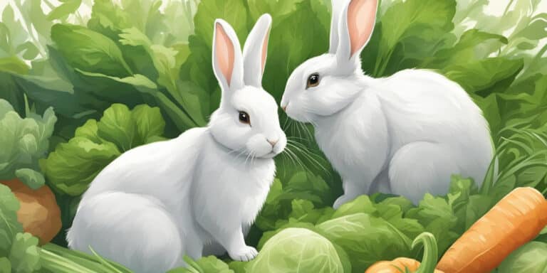 Two white rabbits nestled among green foliage and carrots.