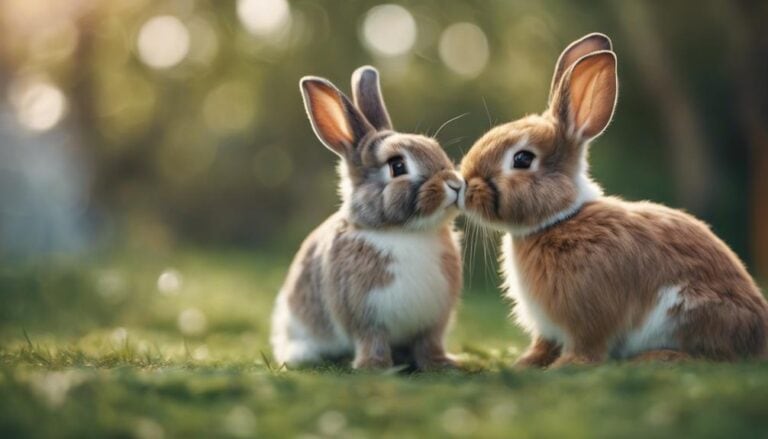 Two rabbits touching noses in a sunlit field.