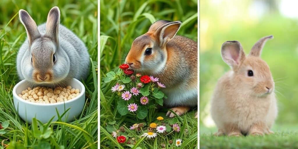 Three rabbits in a grassy area: a gray rabbit eating pellets, a brown rabbit sniffing flowers, and a tan rabbit sitting alertly.